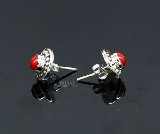 New vintage style Handmade design Red coral stone 925 sterling silver stud earring excellent gifting earring jewelry for unisex ear1198 - TRIBAL ORNAMENTS