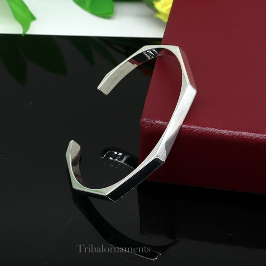 Shiny plain 925 sterling silver adjustable cuff bangle bracelet by Tribal Ornaments, unisex jewelry with a sleek, handmade design.