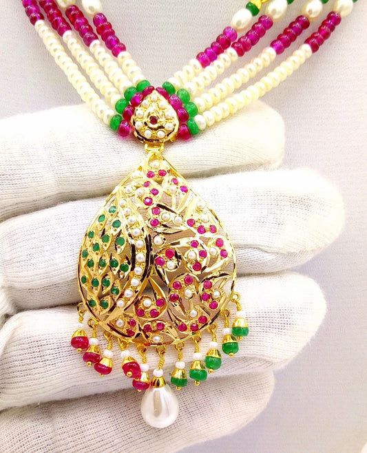 Punjabi jewellery 22k 22ct necklace traditional pearl ruby emerald - TRIBAL ORNAMENTS