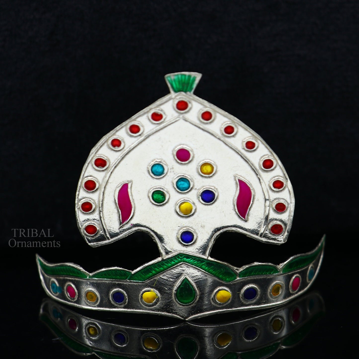 Pure 925 sterling silver vintage antique design mukut (crown), amazing handmade enamel design silver god crown home temple god hat su695 - TRIBAL ORNAMENTS