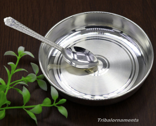 Pure 999 solid fine silver handmade plate or tray with spoon, excellent serving to baby kids food milk, silver utensils, vessels sv33 - TRIBAL ORNAMENTS