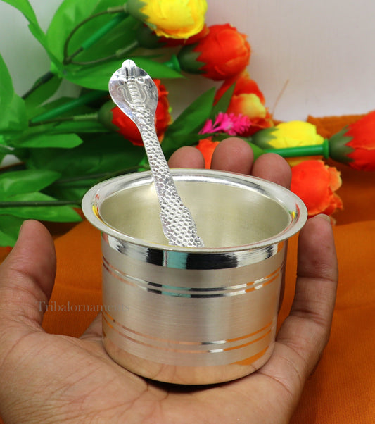 Silver Elegant Ghee pot patra puja or worshipping silver ghee bowl or pot, Butter pot for kitchen, silver puja utensils from India su542 - TRIBAL ORNAMENTS