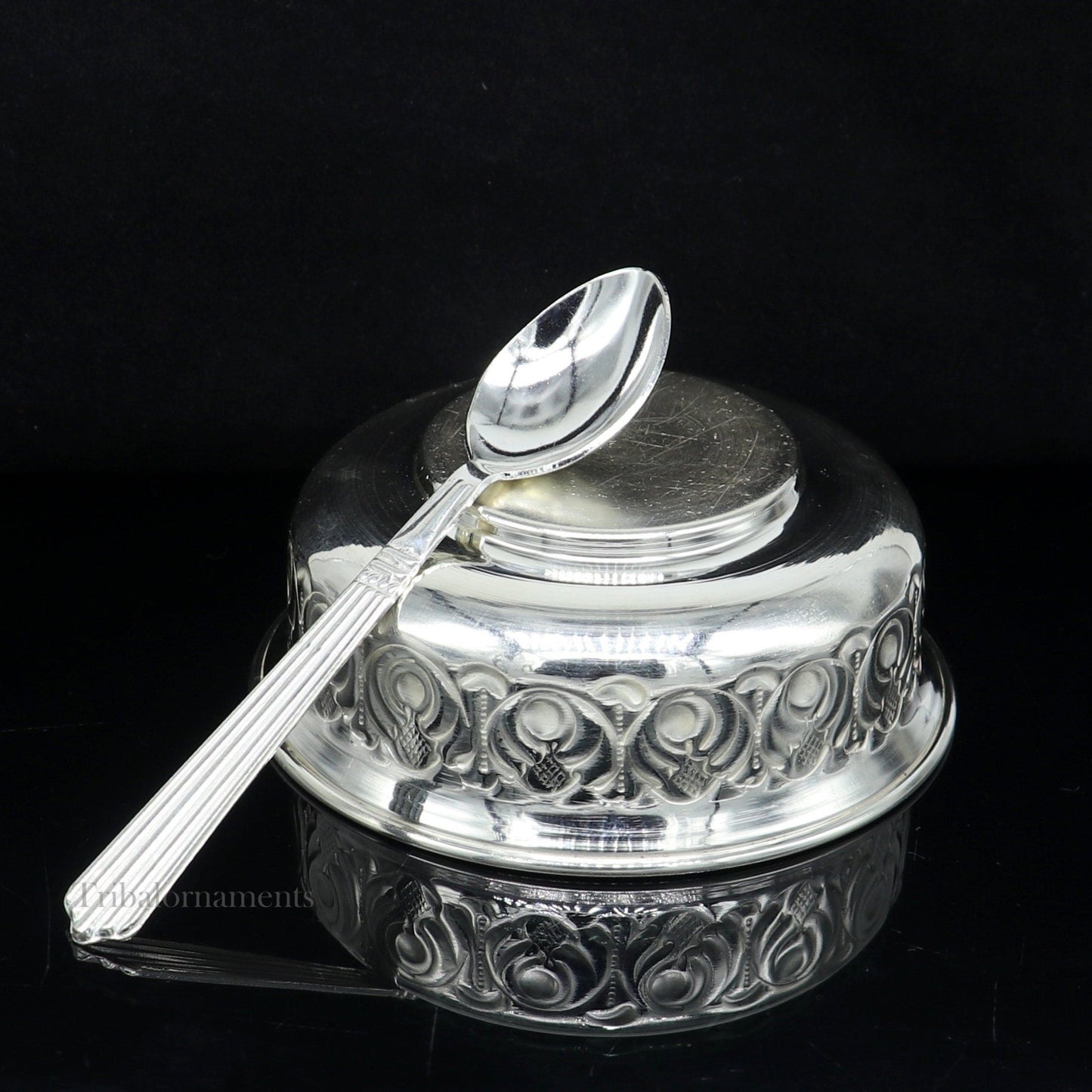 Solid 999 silver handmade vintage kandrai nakshi work bowl, silver puja vessel, silver worshipping/puja utensils bowl baby bowl set sv247 - TRIBAL ORNAMENTS