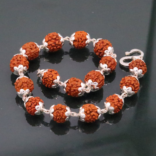 Solid silver handmade Natural Rudraksha beads 8.5 inches long bracelet jewelry from rajasthan india sbr50 - TRIBAL ORNAMENTS