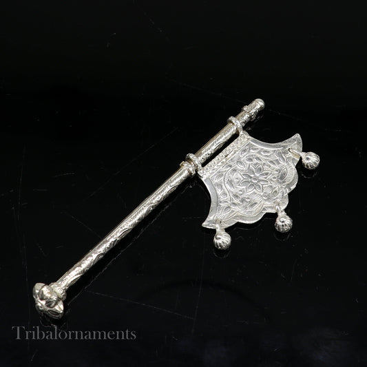 Solid silver pankhi, floral design small fan or pankhi for god puja, best gifting to laddu gopala krishna, silver hand driven fan su590 - TRIBAL ORNAMENTS