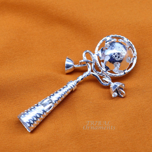 Solid sterling silver handmade design new born baby gifting bells toy, baby krishna gifting toy, silver whistle, silver temple article su899 - TRIBAL ORNAMENTS