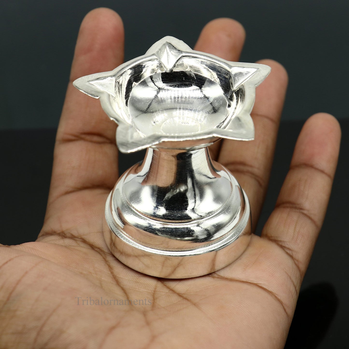 solid sterling silver handmade elegant oil lamp, silver home temple utensils, silver diya, deepak, silver utensil, silver puja article su404 - TRIBAL ORNAMENTS
