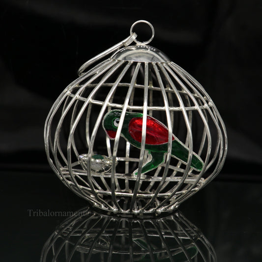 Solid sterling silver handmade toy for idlo krishna, silver parrot with cage, silver article for gifting to God or idol Krishna, su444 - TRIBAL ORNAMENTS