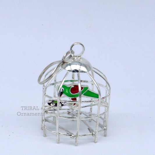 Solid sterling silver handmade toy for idol krishna, silver parrot and cage, silver article for gifting to God or idol Krishna su767 - TRIBAL ORNAMENTS