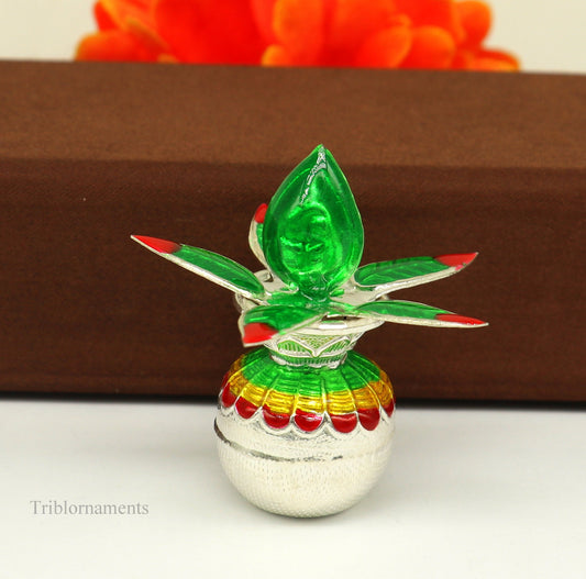 Solid sterling silver handmade vintage puja kalash with silver coconuts and leaf, ideal for home temple worship.