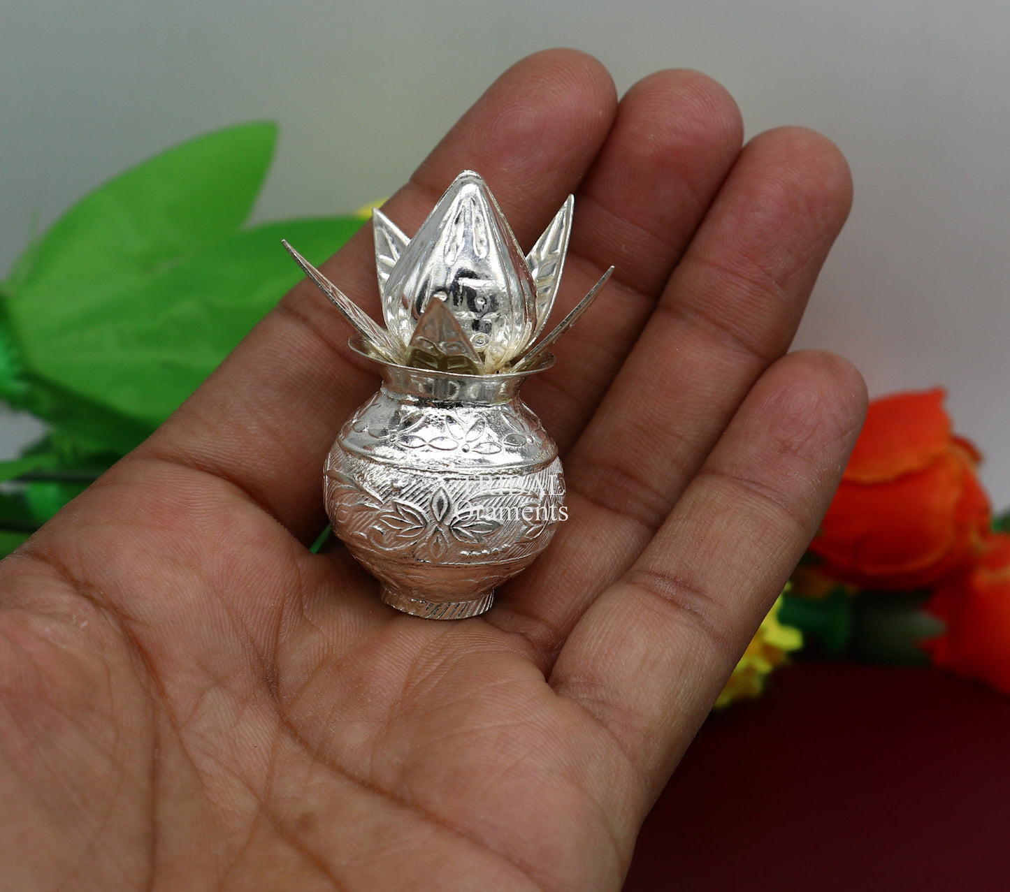 Sterling silver handmade gorgeous coconut with betel leaf puja kalash, best worshipping utensils, silver article puja art temple su710 - TRIBAL ORNAMENTS