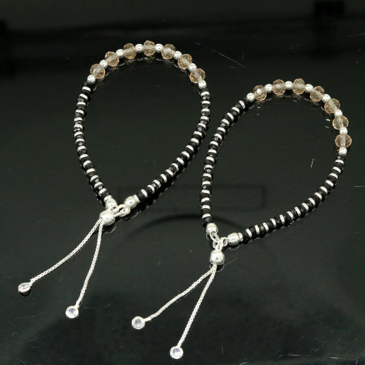 Stylish 925 sterling silver beaded with black onyx stone handmade charm adjustable bracelet 'Nazariya' charm jewelry for girls sbr180 - TRIBAL ORNAMENTS