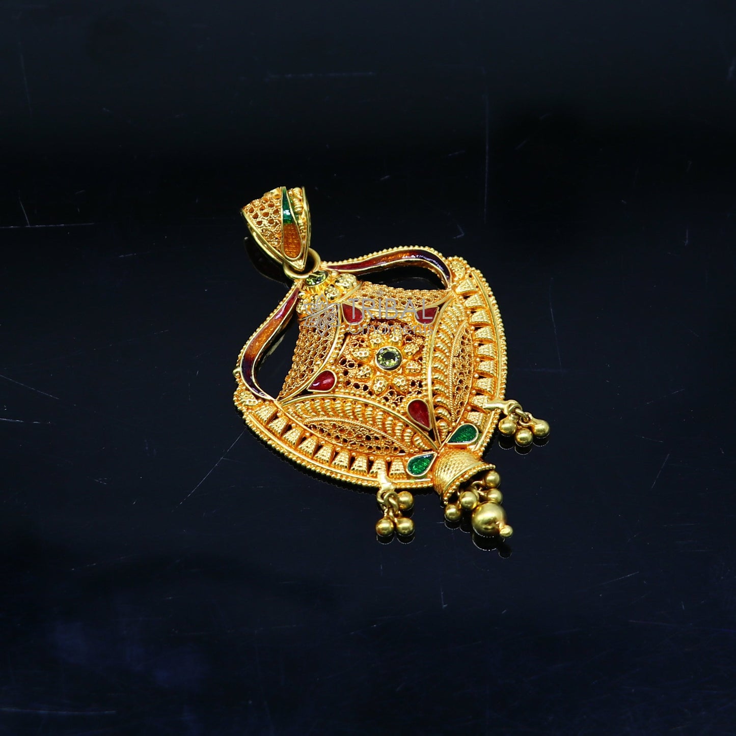 Traditional 22KT yellow gold filigree work pendant by TRIBAL ORNAMENTS, showcasing intricate handmade ethnic bridal jewelry design.