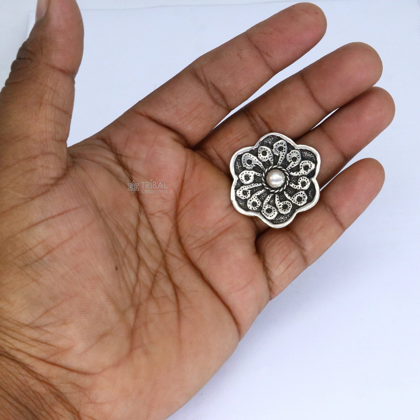 Traditional cultural flower design 925 sterling silver adjustable ring, best tribal ethnic jewelry for belly dance Navratri jewelry sr386 - TRIBAL ORNAMENTS