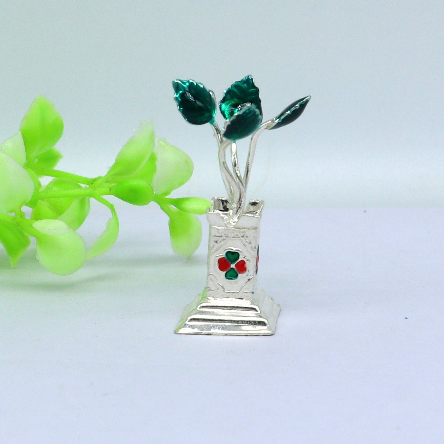 Unique 925 sterling silver handmade mini tulsi plant basil rosary plant, puja temple article, customized silver utensils article art su221 - TRIBAL ORNAMENTS