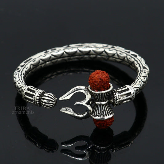 Unique handmade nakshi work 925 sterling silver trident kada, trishul kada, bahubali kada bangle bracelet for both men's and girl's nsk461 - TRIBAL ORNAMENTS