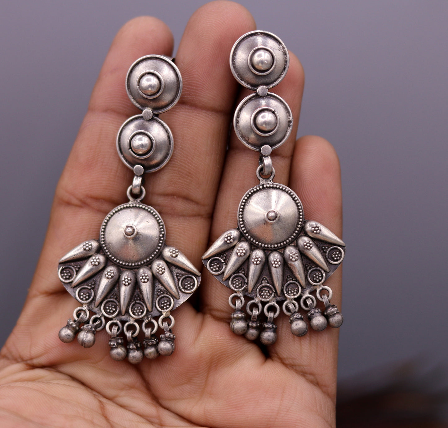Vintage antique-style 925 sterling silver drop chandelier earrings with tribal design, perfect for belly dance jewelry from India.