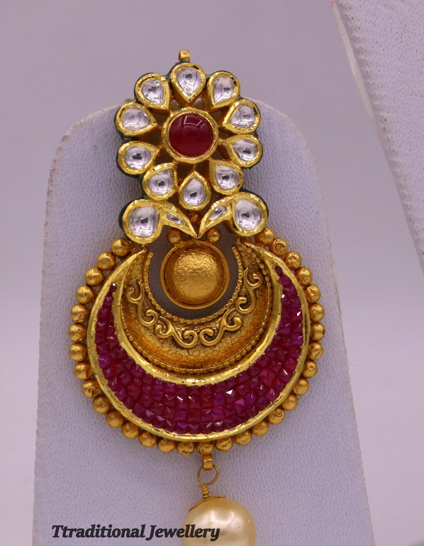 Vintage handmade 22K yellow gold Kundan stone Jadau earrings by TRIBAL ORNAMENTS, showcasing intricate antique design and craftsmanship.