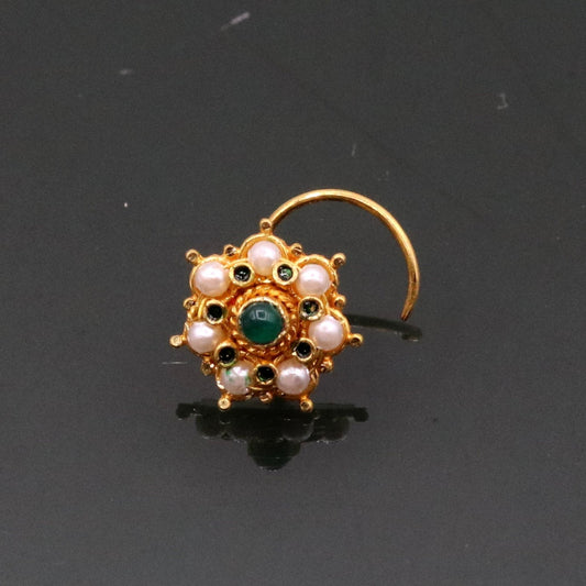 Vintage Antique design handmade gorgeous 20kt ct yellow gold gorgeous nose pin stud with pretty tiny pearl and green onyx stone gnp22 - TRIBAL ORNAMENTS