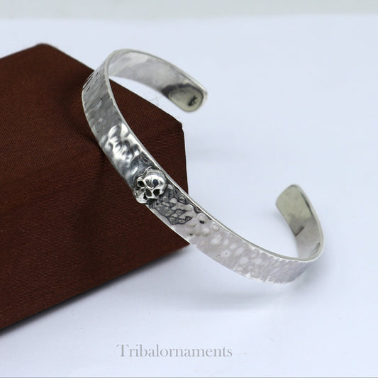 Vintage style 925 sterling silver adjustable cuff bangle bracelet by Tribal Ornaments, featuring a solid skull design.
