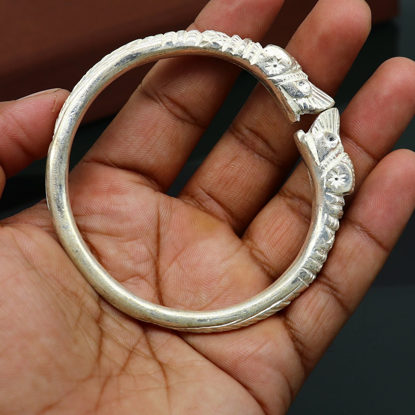 Vintage design handmade Solid silver men's bangle bracelet adjustable kada solid crocodile face tribal design bangle gifting kada nssk441 - TRIBAL ORNAMENTS