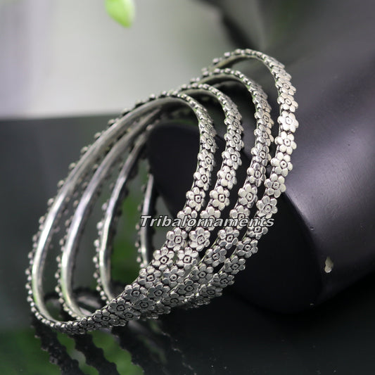 Vintage flower design handmade 925 sterling silver bangle bracelet fabulous oxidized belly dance jewelry kangan set tribal jewelry ba64 - TRIBAL ORNAMENTS