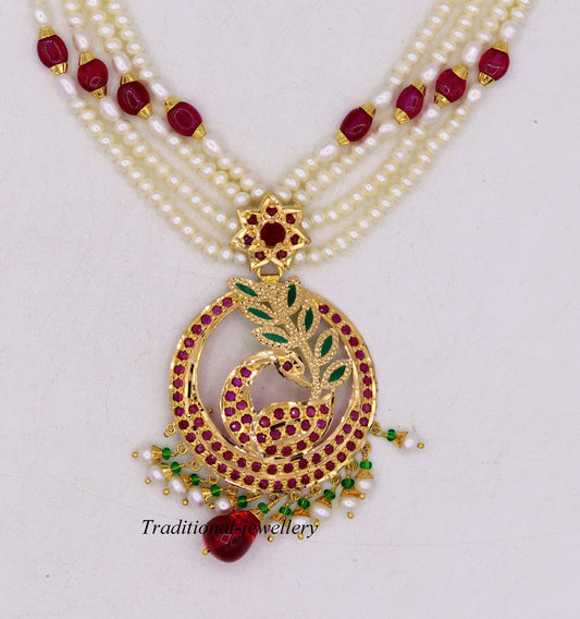 Vintage handmade punjabi muslim fabulous peacock designer necklace set with ruby pearl emerald color stone - TRIBAL ORNAMENTS