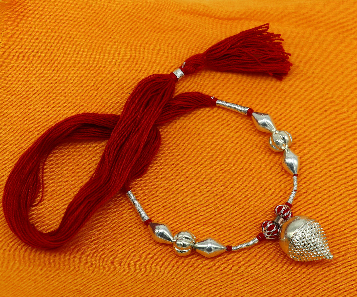 Vintage Indian sterling silver beads thread charm necklace, tribal wedding choker for brides, part of tribal ornaments jewelry set.