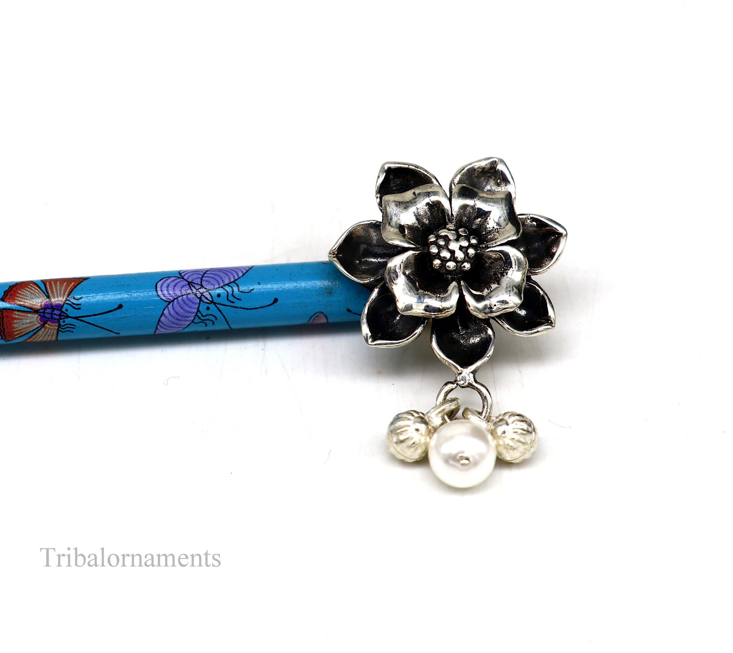 Vintage style 925 sterling silver handmade rose flower design hair jewelry with wooden stick and pearl, best brides jewelry collection hc12 - TRIBAL ORNAMENTS