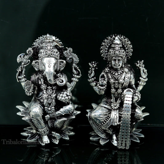 3.3" small 925 Sterling silver handmade customized Hindu idol Laxmi and Ganesha statue, puja article figurine, home décor Diwali puja art379 - TRIBAL ORNAMENTS