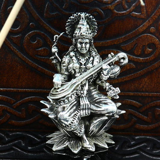 2" small 925 Sterling silver handmade customized Hindu idol Saraswati sharda maa statue, puja article figurine, home décor Articles art121 - TRIBAL ORNAMENTS