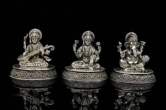 2.3" heights 925 Sterling silver handmade Hindu idols Laxmi, Ganesha and Saraswati statue, puja article figurine, best Diwali puja art - TRIBAL ORNAMENTS