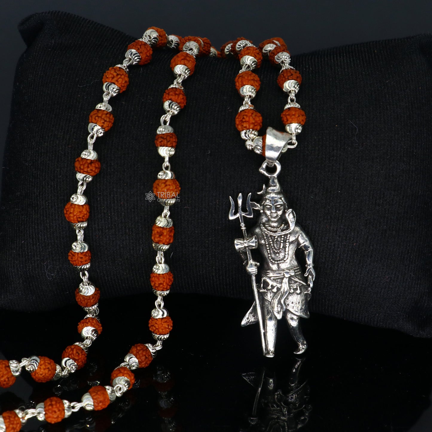 925 sterling silver handmade Divine Lord shiva with trident pendant & Rudraksha chain, holy pendant protect from negative energy nsp756 - TRIBAL ORNAMENTS