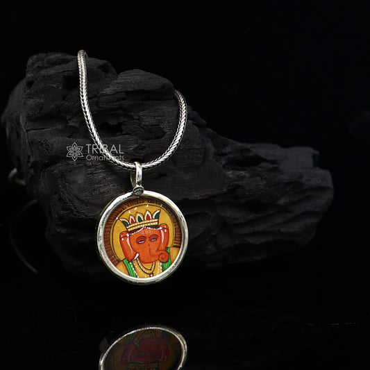 925 sterling silver handmade Ganesha pendant featuring divine Lord painting, unisex jewelry, perfect for gifting by Tribal Ornaments.