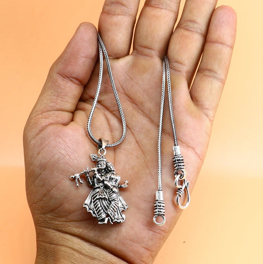 Sterling silver Radha Krishna tiny pendant, handmade tribal jewelry, unisex personalized pendant, intricate tribal design.