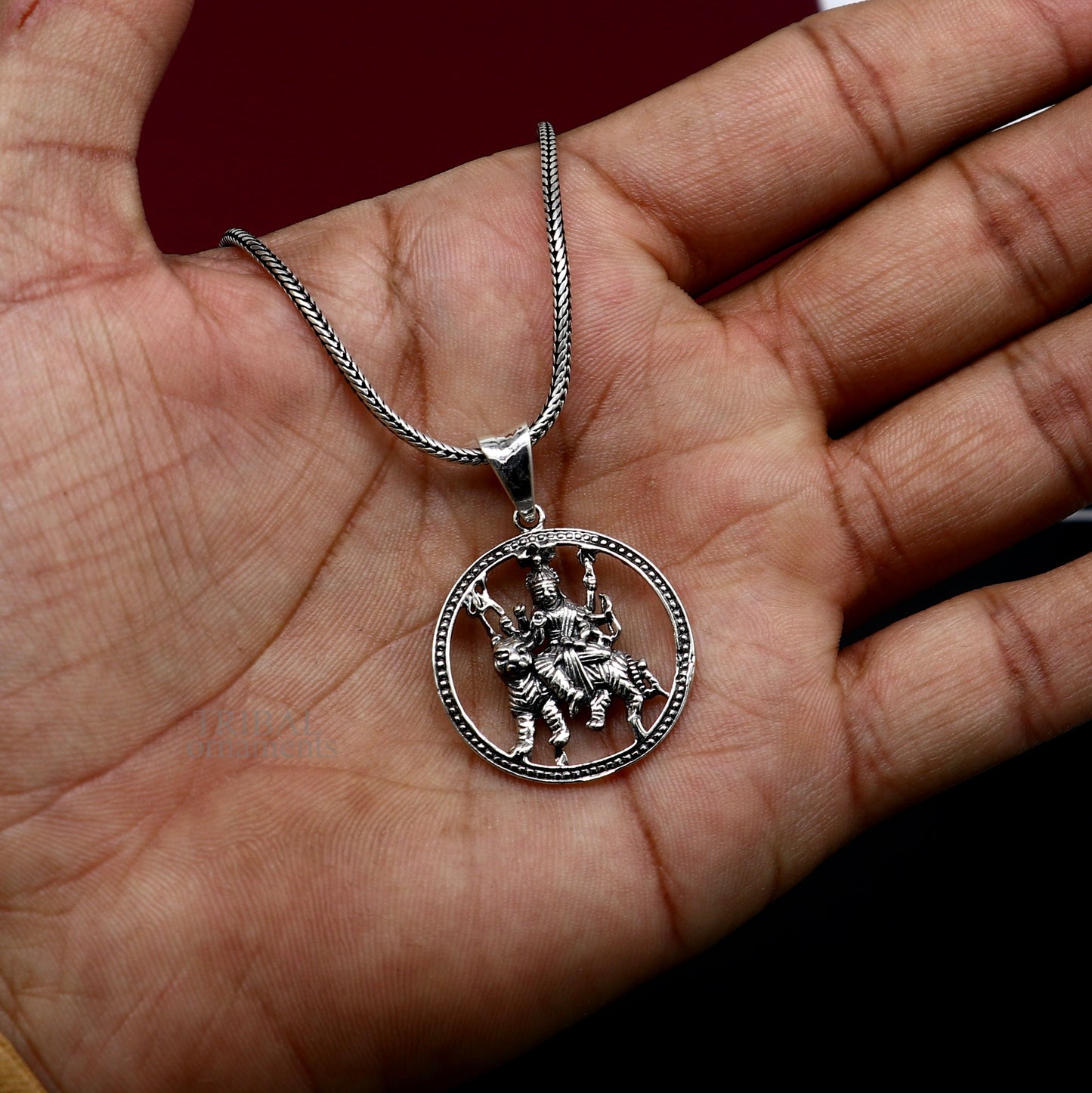 925 sterling silver Goddess Bhawani Durga Mataji pendant featuring lion design, unisex tribal jewelry by TRIBAL ORNAMENTS.