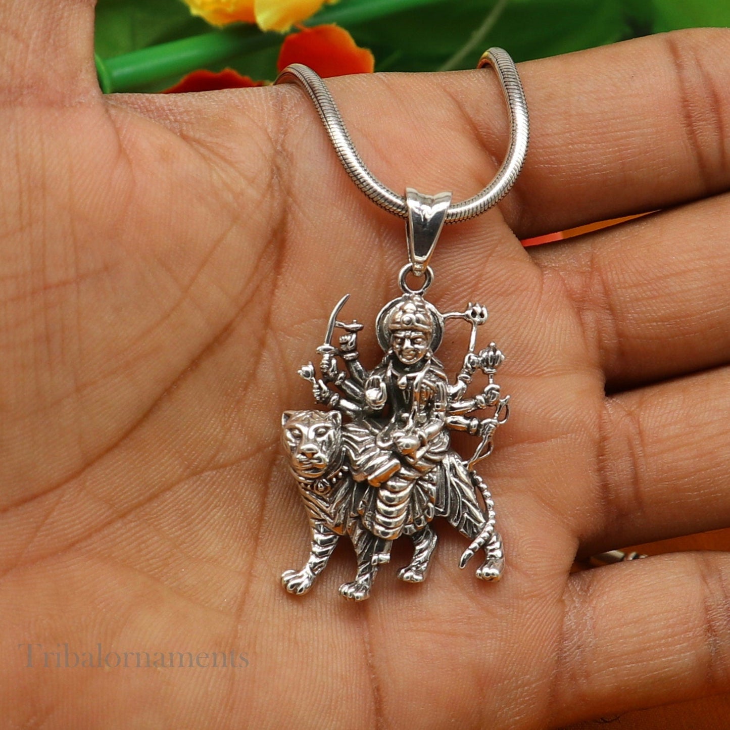 925 sterling silver Goddess Bhawani Durga Mataji pendant with lion, tribal unisex jewelry, detailed divine goddess tribal ornament