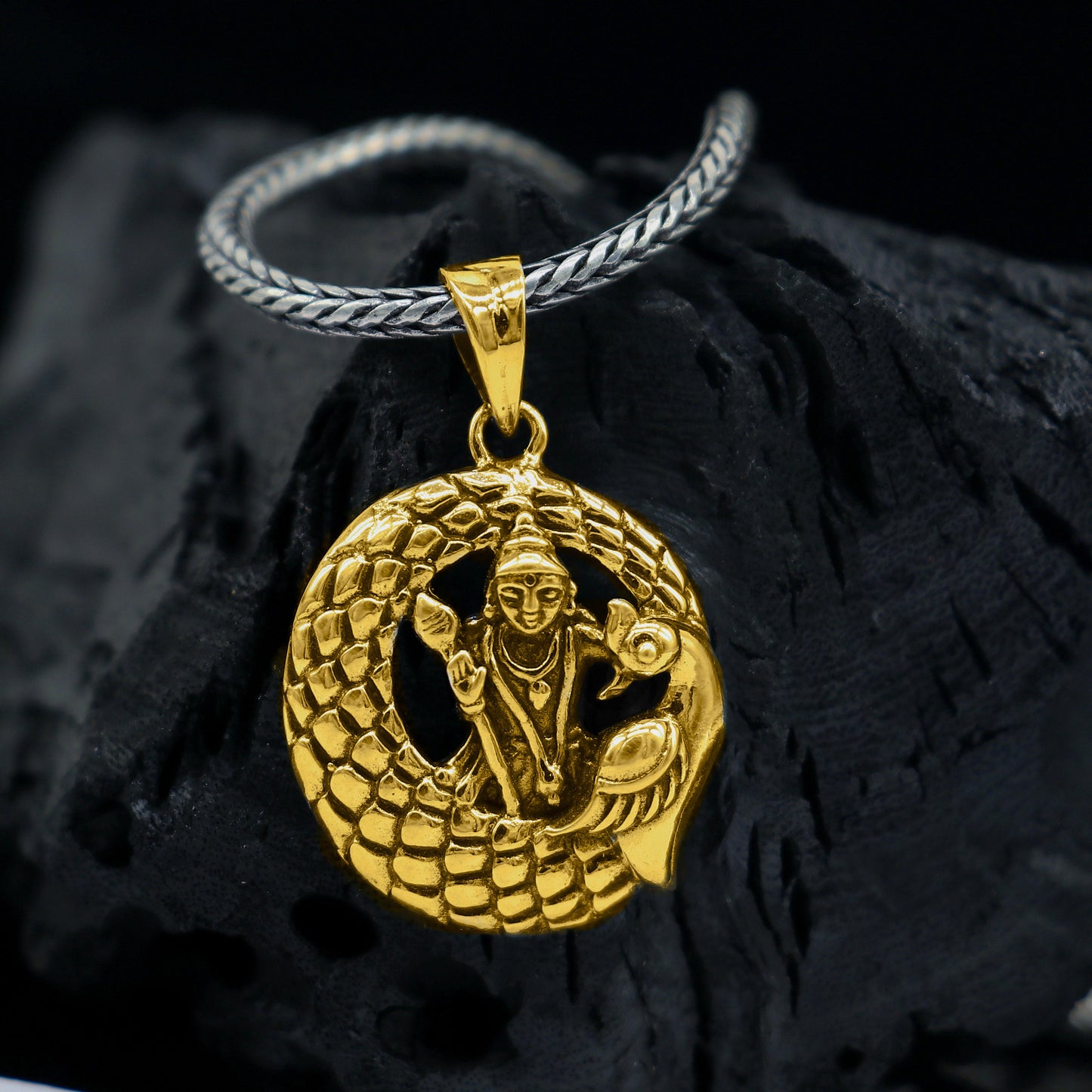 Sterling silver Divine Lord Murugan Karthikeya pendant, vintage handmade jewelry, detailed design, elegant tribal ornament style.