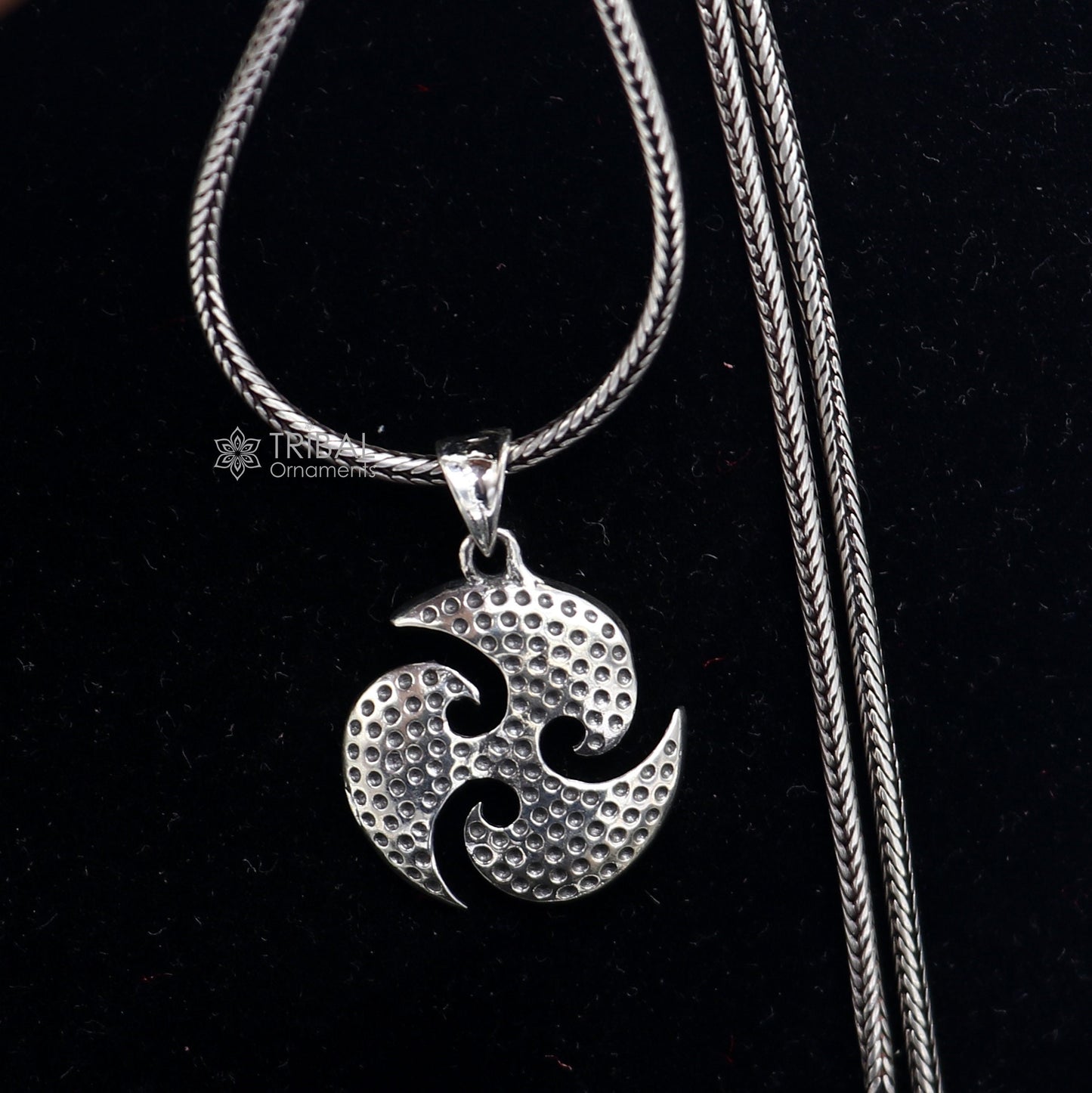 925 sterling silver Ninza design Triskelion pendant for boys and girls, handmade tribal ornament with intricate silver craftsmanship.