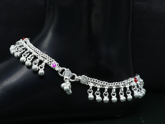 10.5" long handmade sterling silver gorgeous ankle bracelet, wonderful noisy hanging bells charm anklets girls women's belly dance ank338 - TRIBAL ORNAMENTS