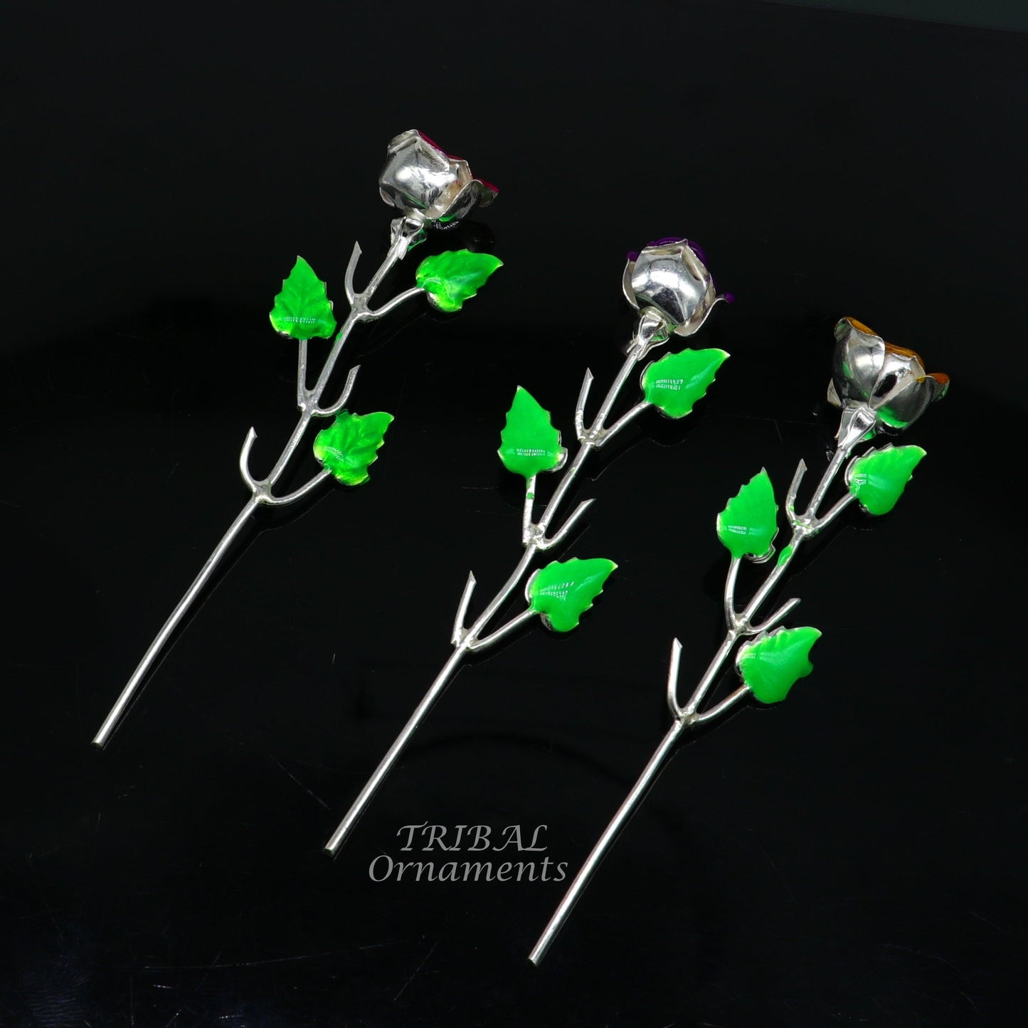 Solid sterling silver handmade small Rose flower puja god temple article, excellent three color enamel silver worshipping articles su850 - TRIBAL ORNAMENTS