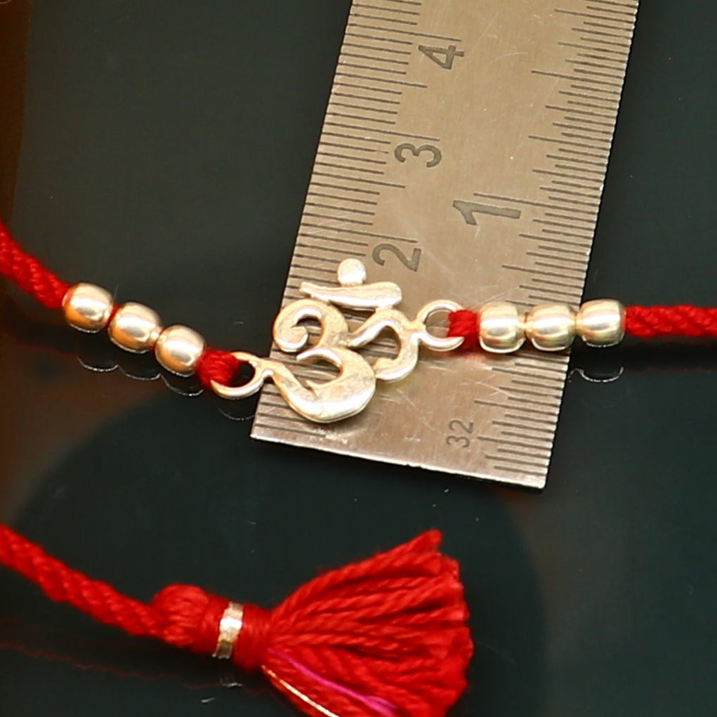 925 sterling silver custom design fabulous symbol OM or AUM design Rakhi bracelet with red thread Best sibling rakhi rk174 - TRIBAL ORNAMENTS