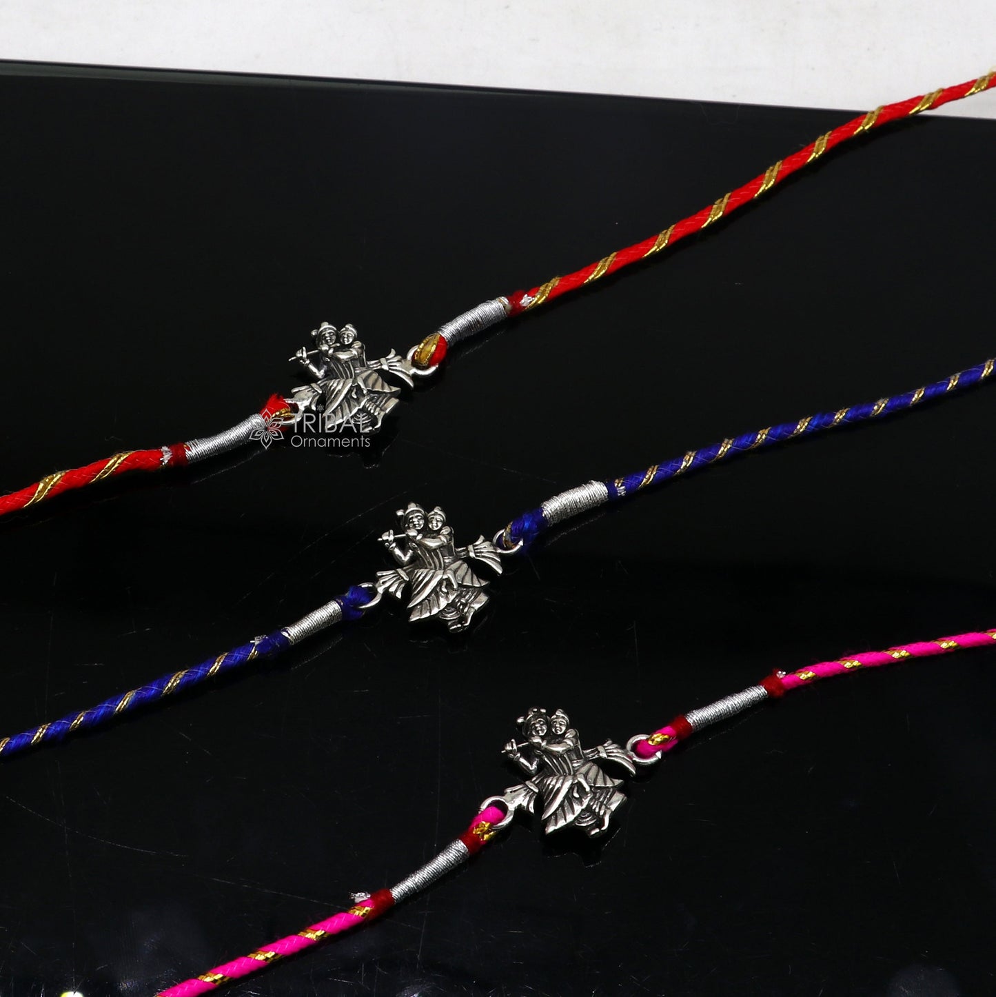 925 sterling silver handmade Rakhi Bracelet, Exclusive hare Krishna Radha Krishna design pendant Rakhi Bracelet for Rakshabandhan rk293 - TRIBAL ORNAMENTS