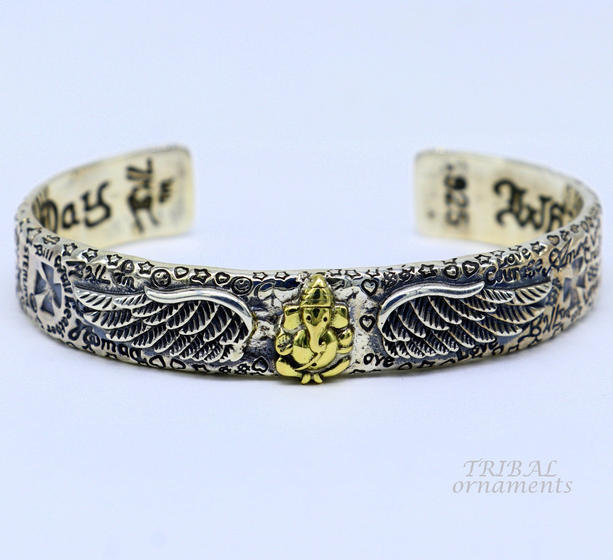 Polished 925 sterling silver or gold tribal cuff bracelet featuring a customized Lord Ganesh design, adjustable tribal ethnic jewelry