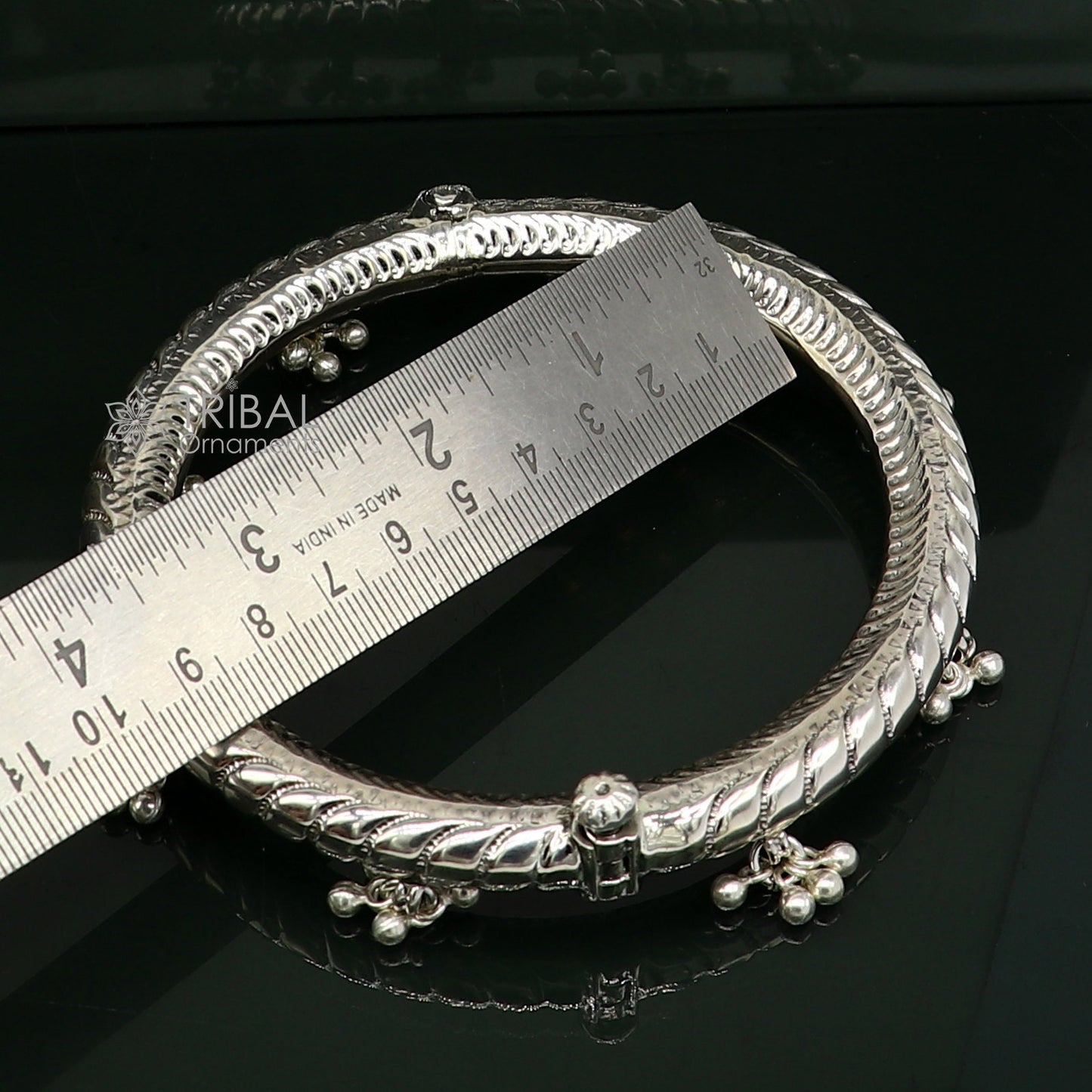 Vintage 925 pure silver oxidized tribal foot kada ankle bracelet with antique design and ethnic silver jewelry details.