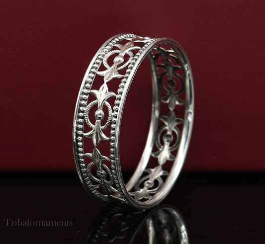 Sterling silver bangle bracelet with waved tiny ball design, customizable ethnic jewelry by TRIBAL ORNAMENTS, perfect for brides.