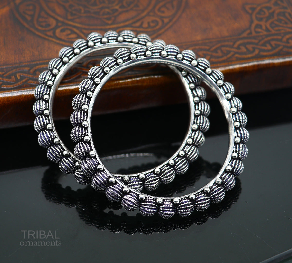 Sterling silver vintage tribal bangle bracelet with intricate design, handmade Indian jewelry, stylish ethnic brides accessory.