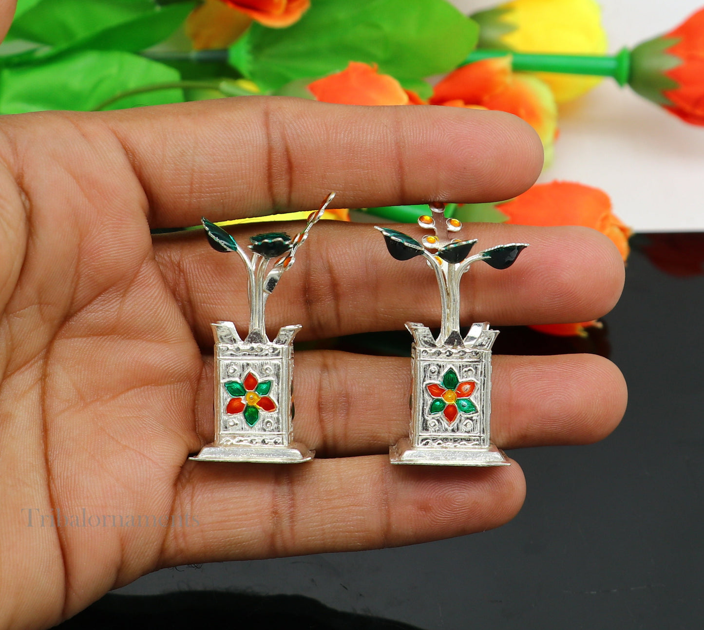 Holy Basil rosary 925 sterling silver handmade mini plant, tulsi plant for puja temple article, silver tulasi plant pooja article su562 - TRIBAL ORNAMENTS