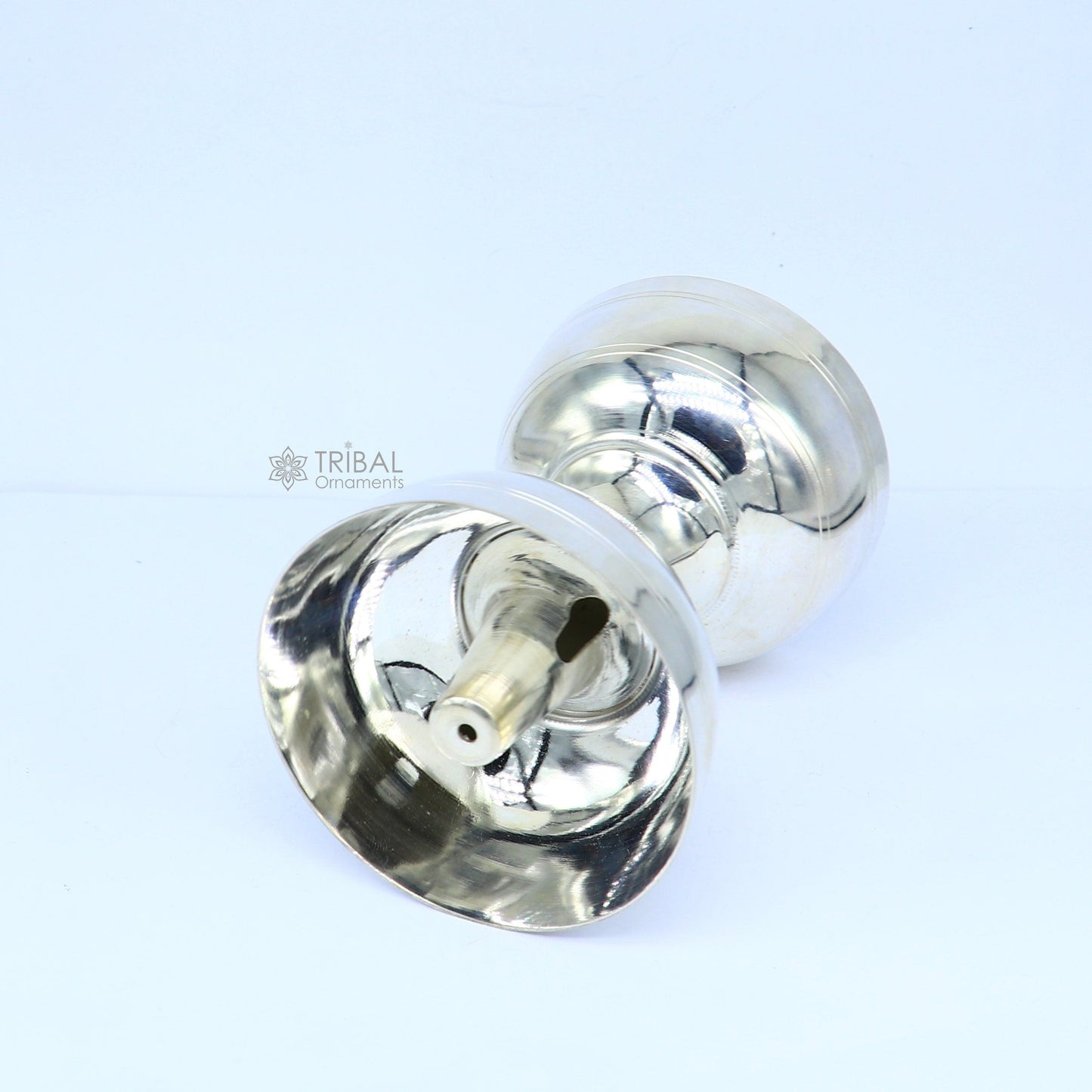 Handmade 925 sterling silver oil lamp, silver diya for home temple, elegant silver puja utensil by TRIBAL ORNAMENTS.