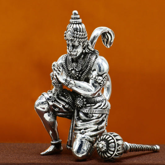 Handmade 2-2.5 inch silver Lord Hanuman statue sculpture for home temple puja or gifting, crafted by Tribal Ornaments.